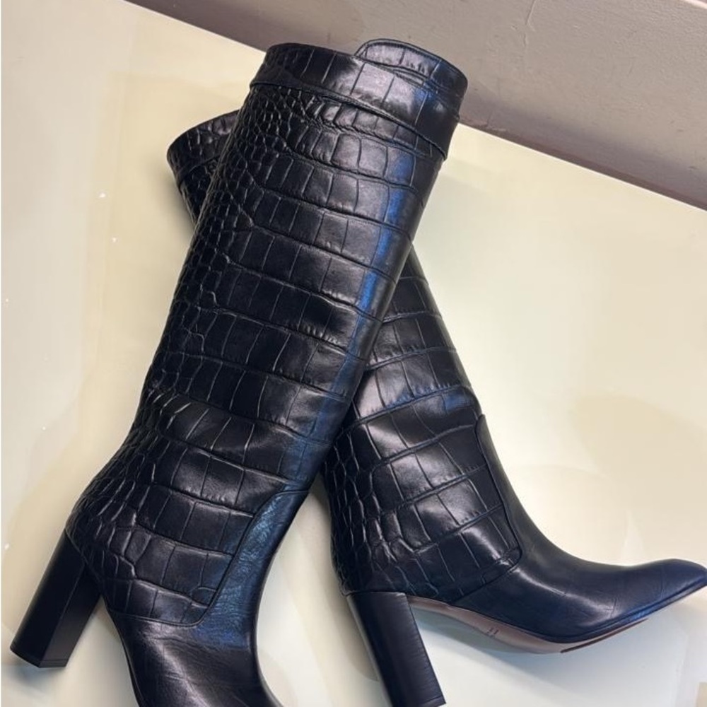 Chie Mihara leather Black Croc-Embossed Knee high Block Heel Boots - Picture 5 of 7
